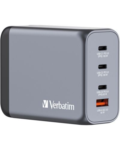 Зарядно устройство Verbatim - GNC-200 GaN 4 Port, USB A/C,  200W, сиво - 1