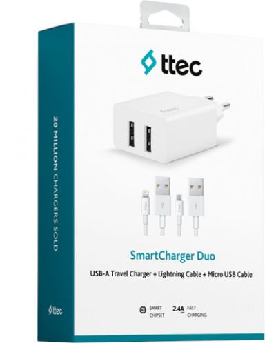 Зарядно устройство ttec - SmartCharger Duo, кабели Lightning и Micro USB, бяло - 4