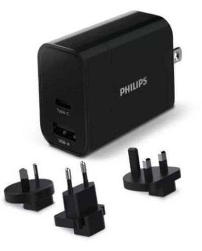 Зарядно устройство Philips - DLP2621T/00, USB-A, USB C, 30W, черно - 1