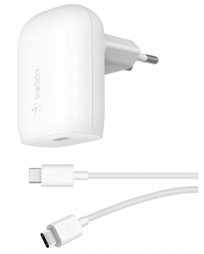 Зарядно устройство Belkin - BoostCharger, USB-C, кабел USB-C, 30W, бяло - 1