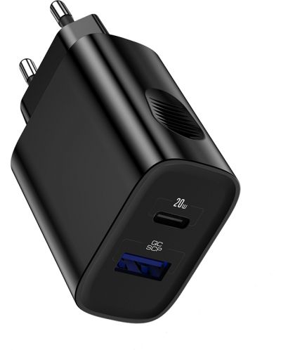 Зарядно устройство Xmart - QC3.0, USB-A/C, 20W, черно - 1