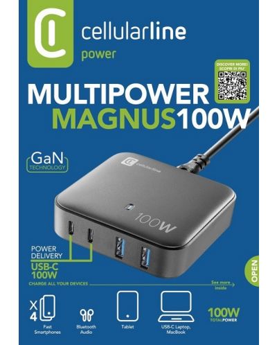 Зарядна станция Cellularline - Multipower Magnus, USB-A/C, 100W, черна - 2