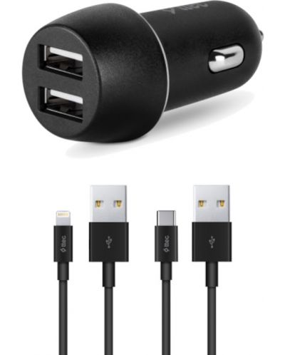 Зарядно за кола ttec - SmartCharger Duo, кабели USB-C и Lightning, черно - 1