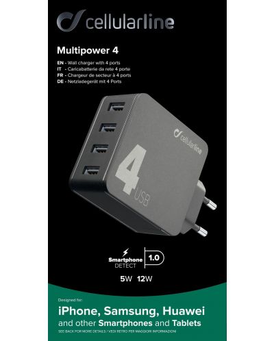 Зарядно устройство Cellularline - Multipower 4, USB-A, 42W, черно - 3