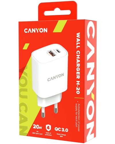 Зарядно устройство Canyon - H-20-04, USB-A/C, 20W, бяло - 3