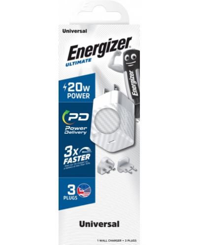 Зарядно устройство Energizer - A20MUWH, USB-C, EU/UK/US, 20W, бяло - 3