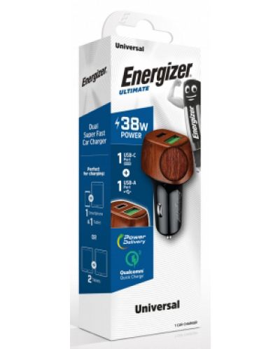 Зарядно за кола Energizer - D38WO, USB-A/C, 38W, кафяво - 3