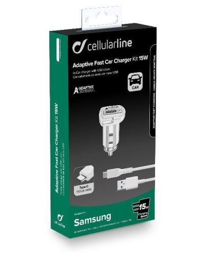 Зарядно за кола Cellularline - 4681, USB-A, кабел USB-C, 15W, бяло - 4