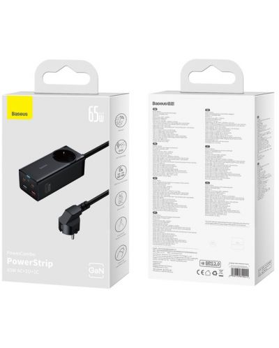 Зарядно устройство Baseus - GaN3 Pro Powerstrip, USB-A/C, 65W, черно - 5