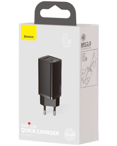 Зарядно устройство Baseus - GaN2 Lite QC, USB-A/C, 65W, черно - 5
