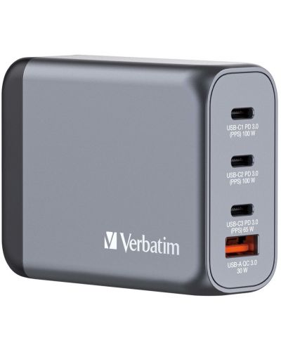 Зарядно устройство Verbatim - GNC-100 GaN 4 Port, USB-A/C, 100W, сиво - 1