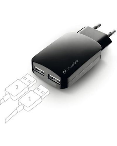 Зарядно устройство Cellularline - Dual, USB-A, 15W, черно - 1