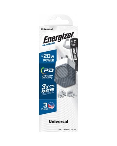 Зарядно устройство Energizer - A20MUSL, USB-C, EU/UK/US, 20W, сивo - 3