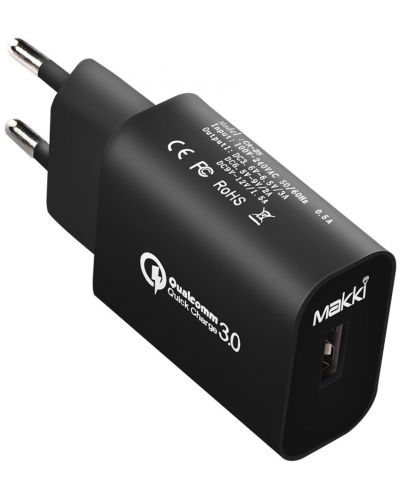 Зарядно устройство Makki - QC18W-BK FC, USB-A, 18W, черно - 1