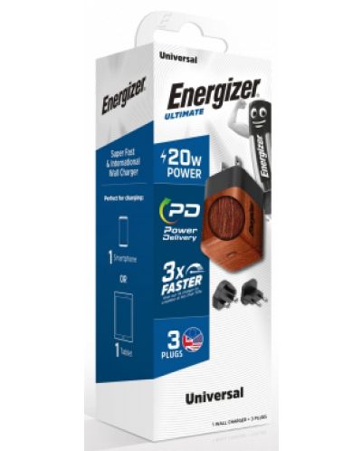 Зарядно устройство Energizer - A20MUWO, USB-C, EU/UK/US, 20W, кафявo - 3