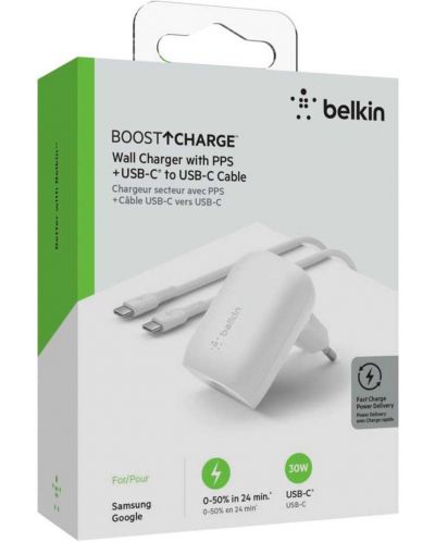 Зарядно устройство Belkin - BoostCharger, USB-C, кабел USB-C, 30W, бяло - 3