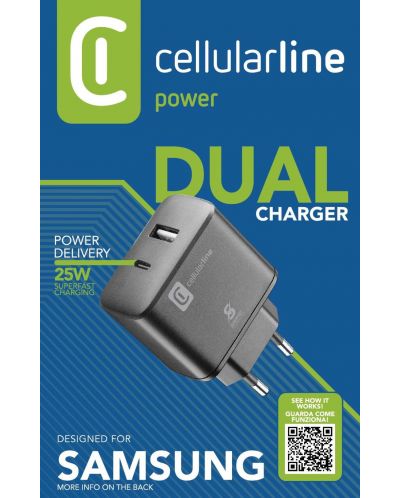Зарядно устройство Cellularline - Dual Super Fast, USB-А/C, 25W, черно - 2