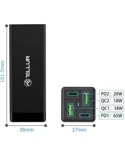 Зарядно устройство Tellur - TLL151351, USB-A/C, 65W, черно - 4