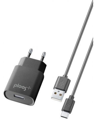 Зарядно устройство Ploos - 6551, 2A, кабел USB-C, черно - 1