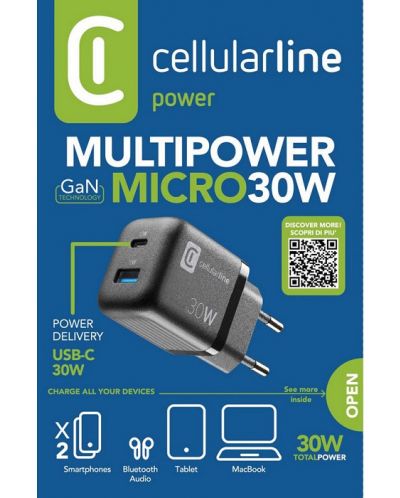 Зарядно устройство Cellularline - Multipower Micro, USB-A/C, 30W, черно - 5