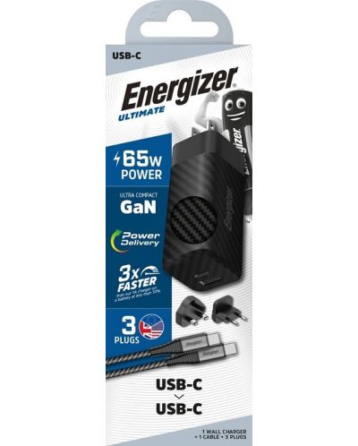 Зарядно устройство Energizer - Multi, USB-A/C, EU/UK/US, 65W, черно - 3