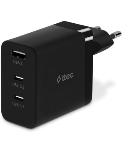 Зарядно устройство ttec - SmartCharger Trio, GaN, USB-A/C, 65W, черно - 1