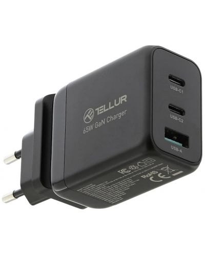 Зарядно устройство Tеllur - GaN, USB-A/C, EU/UK/US, 65W, черно - 1