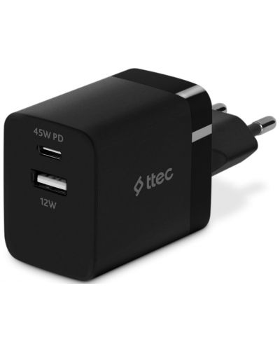 Зарядно устройство ttec - SmartCharger Duo PD, USB-A/C, 45W, черно - 1