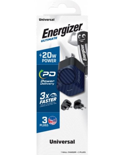 Зарядно устройство Energizer - A20MUBL, USB-C, EU/UK/US, 20W, синьо - 3
