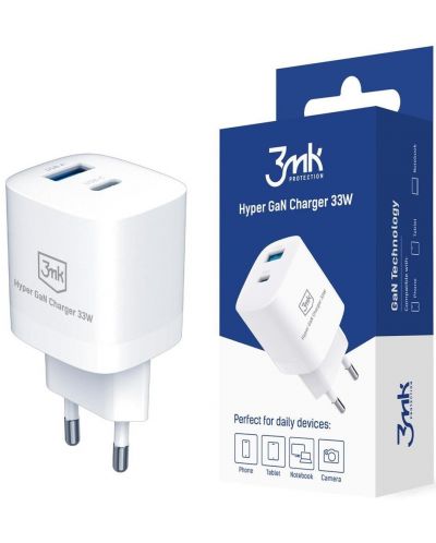 Зарядно устройство 3mk - Hyper GaN, USB-A/C, 33W, бяло - 1