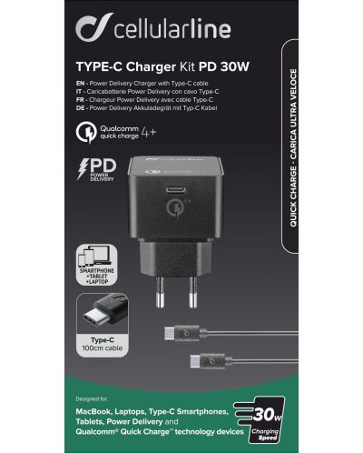 Зарядно устройство Cellularline - PD, кабел USB-C, 30W, черно - 3