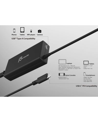 Зарядно устройство j5create - JUP2290C, USB-A/USB-C, 100W, черно - 6