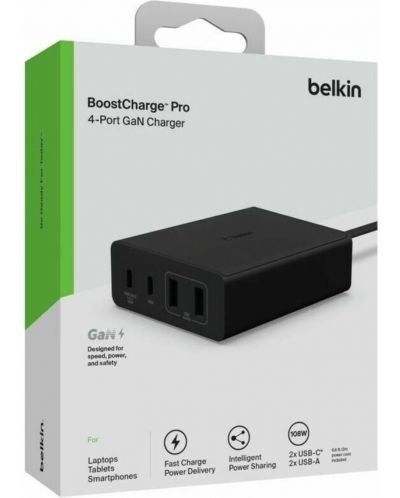Зарядно устройство Belkin - BoostCharger Pro, USB-A/C, 108W, черно - 4
