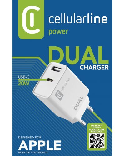 Зарядно устройство Cellularline - Dual, USB/USB-C, 20W, бяло - 2