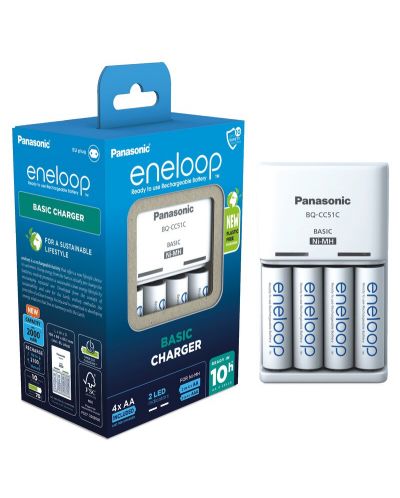 Зарядно и батерии Panasonic - Eneloop Basic, R6/AA 2000 mAh, 4 броя - 1