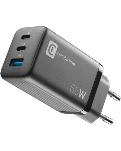 Зарядно устройство Cellularline - Multipower GaN, USB-A/C, 65W, черно - 1