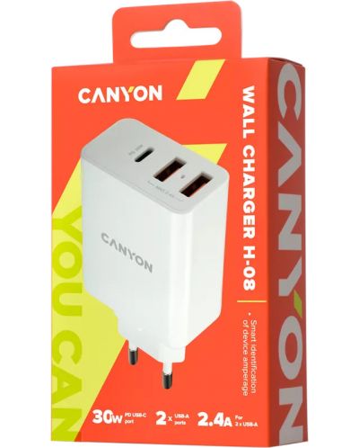 Зарядно устройство Canyon - H-08, USB-A/C, 30W, бяло - 3