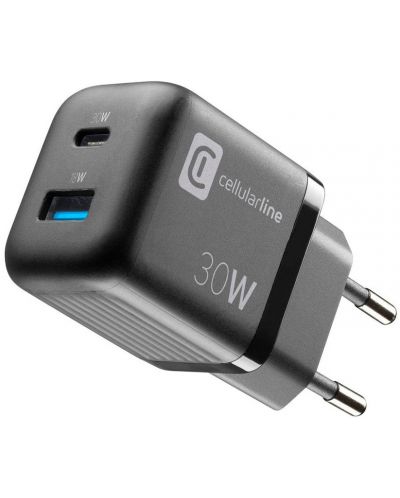 Зарядно устройство Cellularline - Multipower Micro, USB-A/C, 30W, черно - 1