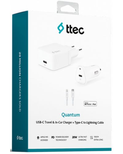 Зарядни устройства ttec - Quantum PD Travel + Car Charger, USB-C, бели - 7