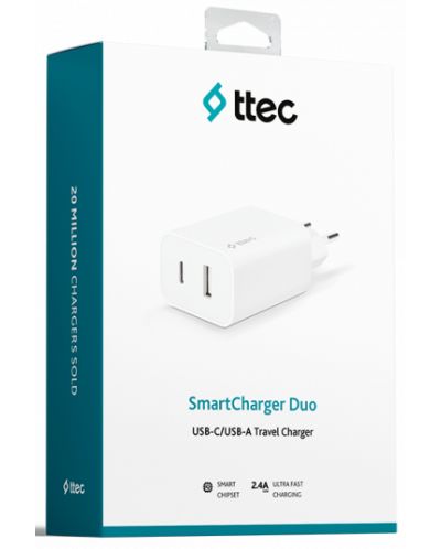Зарядно устройство ttec - SmartCharger Duo, USB-A/C, 12W, бяло - 3