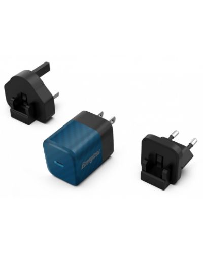 Зарядно устройство Energizer - A20MUBL, USB-C, EU/UK/US, 20W, синьо - 1