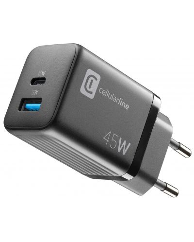 Зарядно устройство Cellularline - Multipower PD GaN, USB-A/C, 45W, черно - 1