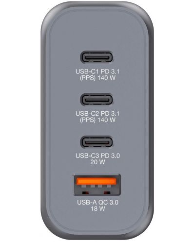 Зарядно устройство Verbatim - GNC-140 GaN 4 Port, USB-A/C, 140W, сиво - 2