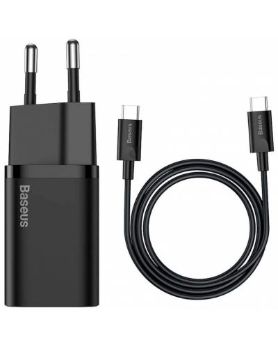 Зарядно устройство Baseus - Super Si QC, USB-C, кабел USB-C, 25W, черно - 1