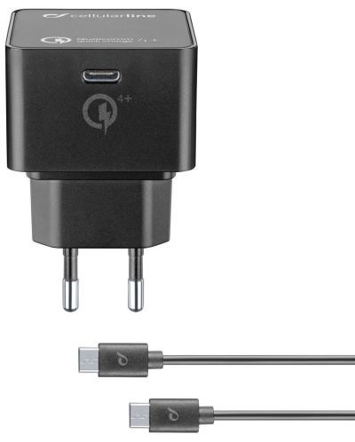 Зарядно устройство Cellularline - PD, кабел USB-C, 30W, черно - 1