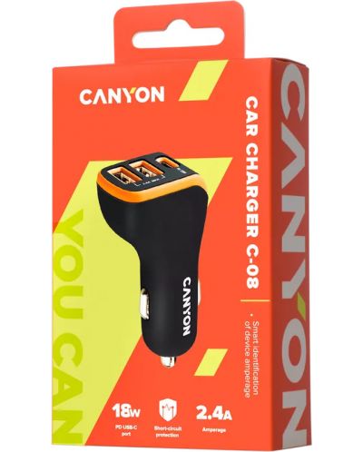 Зарядно за кола Canyon - С-08, USB-A/C, 18W, черно/оранжево - 3