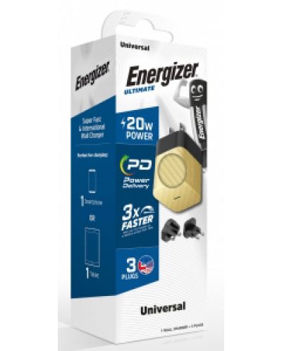 Зарядно устройство Energizer - A20MUGD, USB-C, EU/UK/US, 20W, златисто - 3
