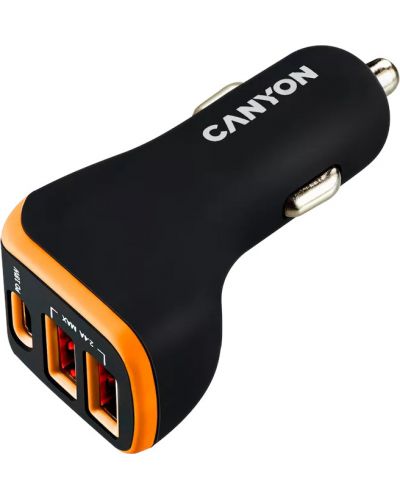 Зарядно за кола Canyon - С-08, USB-A/C, 18W, черно/оранжево - 1