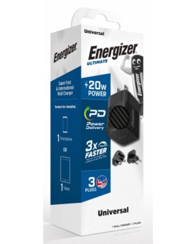 Зарядно устройство Energizer - A20MU, USB-C, EU/UK/US, 20W, черно - 3