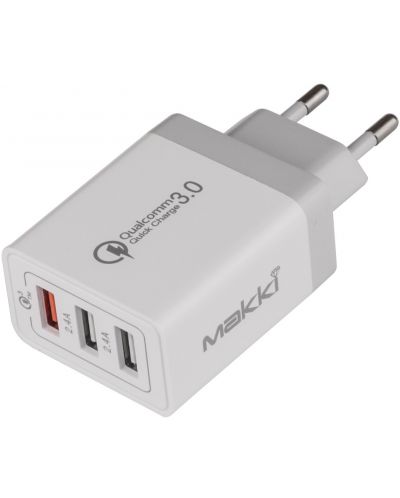 Зарядно устройство Makki - QC30W3 FC, USB-A, 30W, бяло - 1